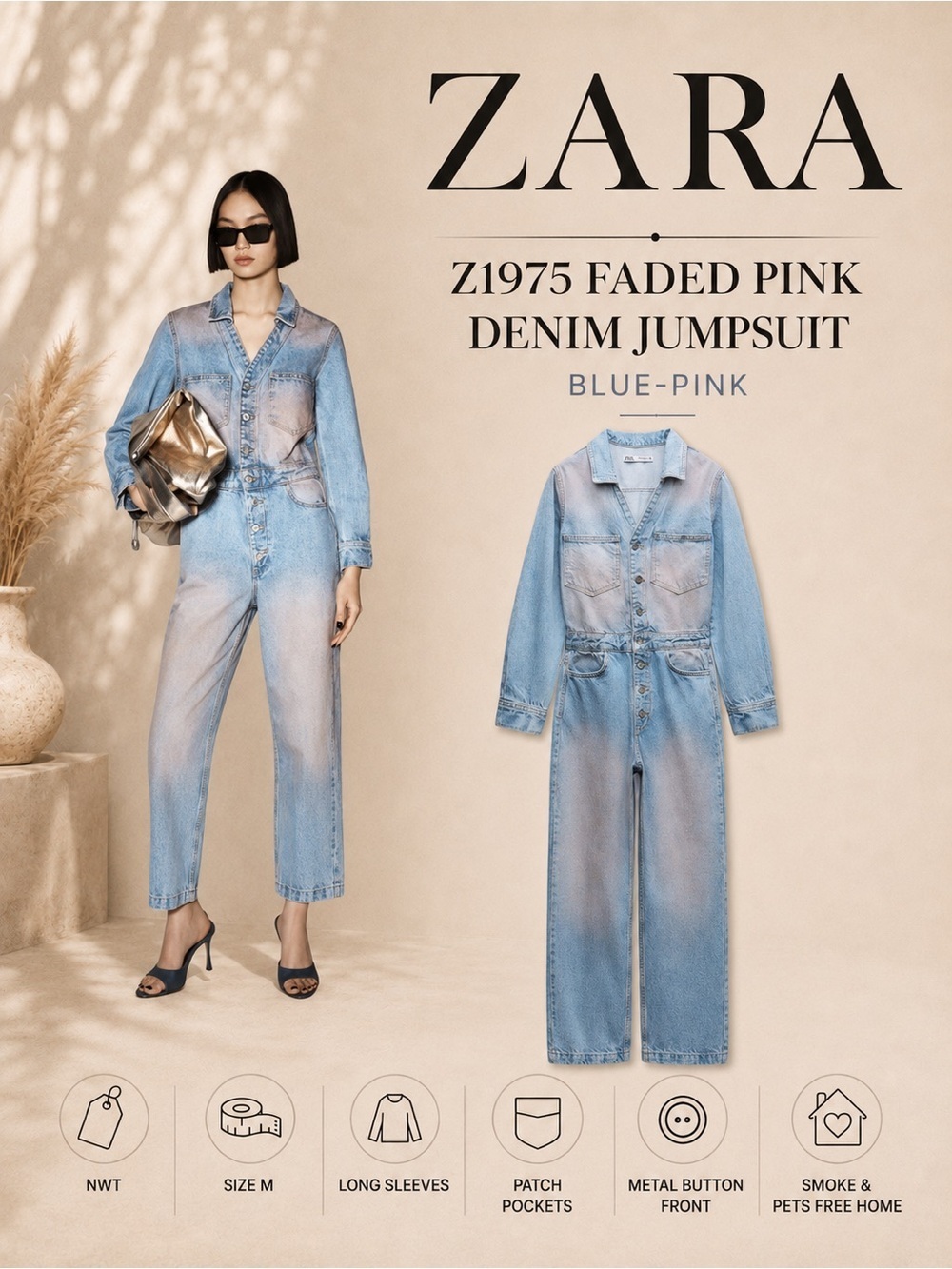 Zara Blue Pink Z1975 Faded Denim Jumpsuit Size M NWT Long Sleeve Worker Jumpsuit